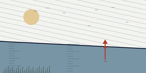 Flat collage of the Long Island Sound shoreline: a dark seawall band running down to the right, banded water, marsh grass, gull ticks, a low pale sun, and a red channel marker buoy