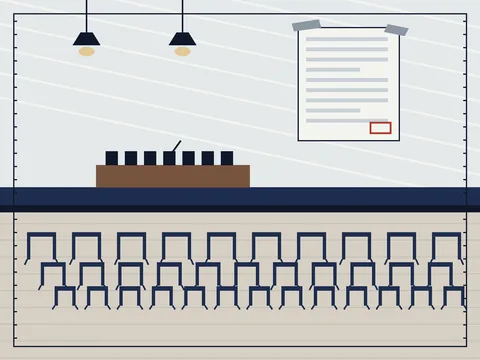Flat collage of a town-meeting hall: a pinned warrant sheet on the wall, a raised moderator platform, and rows of folding chairs facing it
