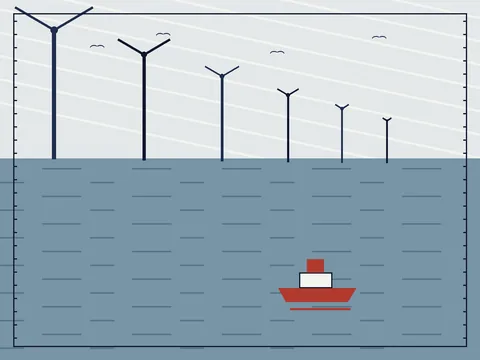 Flat collage of offshore wind turbines receding across the Sound behind a small red service boat